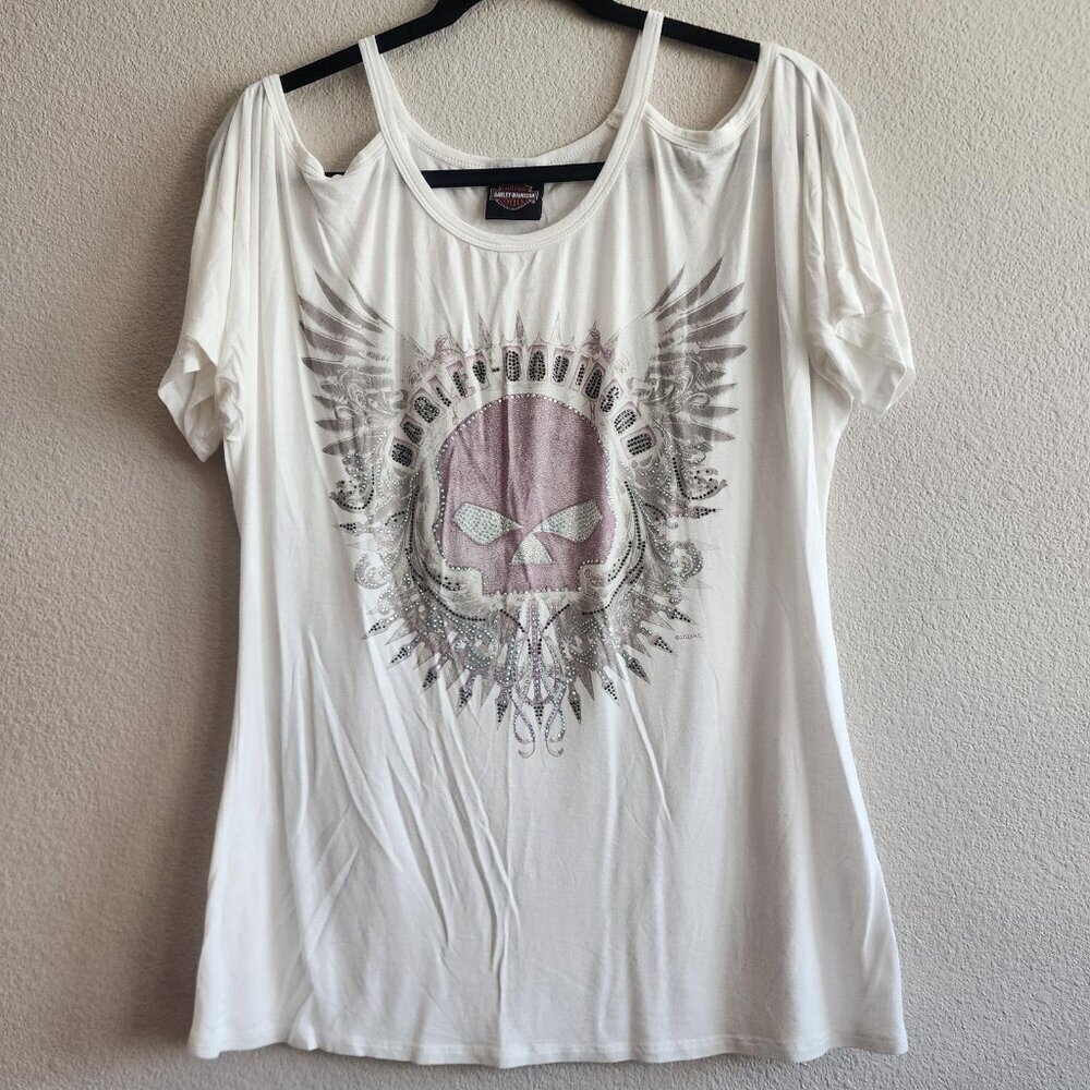 Harley-Davidson Shirt Womens XL Skull Wings Rhinestone Cutout Rare 2023 USA